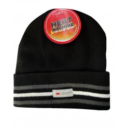 Heat Machine Mens Work Wear Winter Thinsulate Stripe Black Beanie Hat 3057