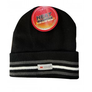 Heat Machine Mens Work Wear Winter Thinsulate Stripe Black Beanie Hat 3057